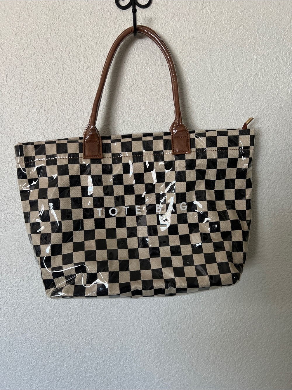 Checkerboard Tote Bag with Brown Handles - Black & Cream Plastic Cover - Picture 2 of 5
